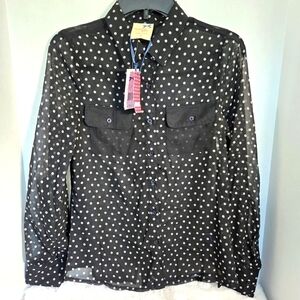 Tommy Girl  Black with White Polka Dots Sheer Holiday Blouse Size M  NWT